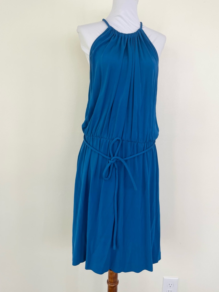 Trina Turk Blue Halter Dress Sleeveless Midi L Large Cobalt Belted Waist Tie
